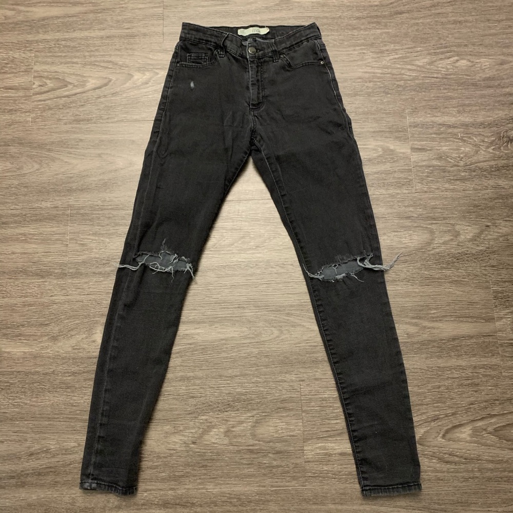 Topshop Dark Gray Leigh Jeans w/ Knee Cut Outs